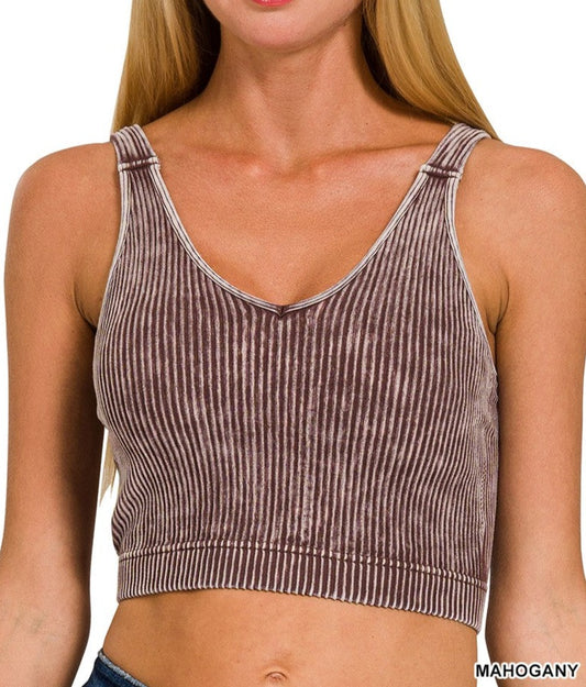 Washed Ribbed Cropped Bra Padded Tank Top - Brazos Avenue Market 