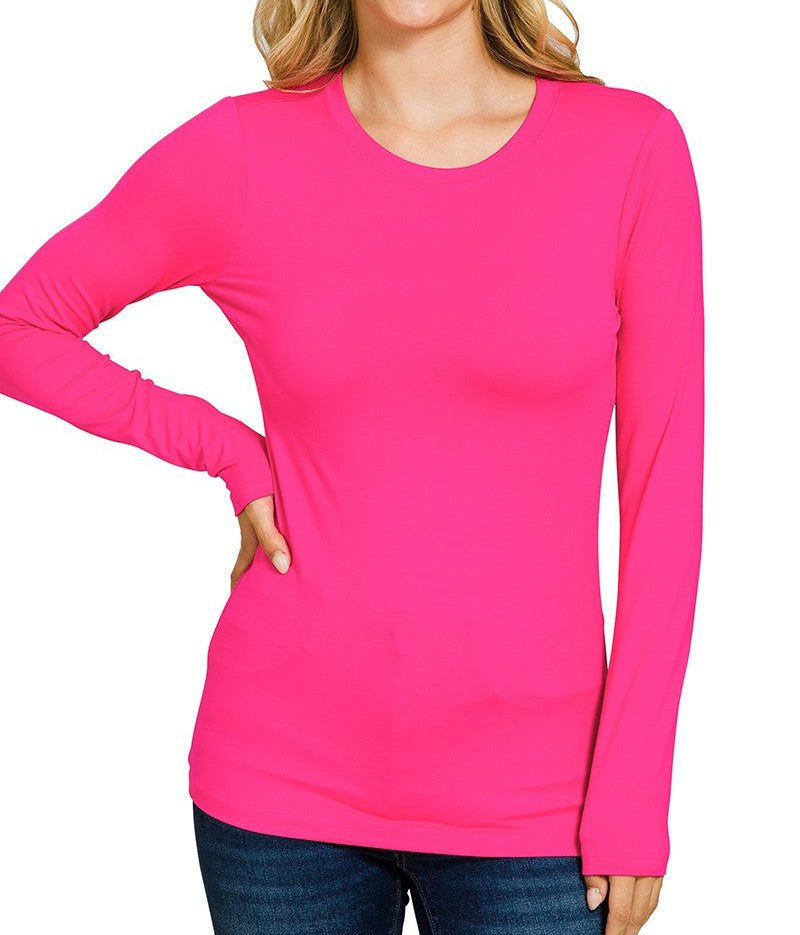 Brushed Microfiber Long Sleeve Round Neck Tee