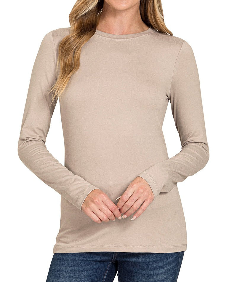 Brushed Microfiber Long Sleeve Round Neck Tee - Brazos Avenue Market 