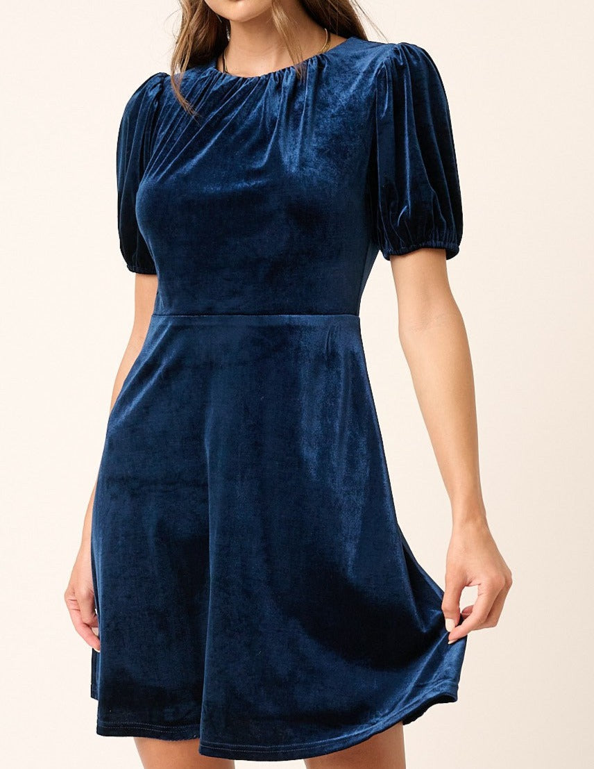 Midnight Blue Velvet Mini Dress - Brazos Avenue Market 