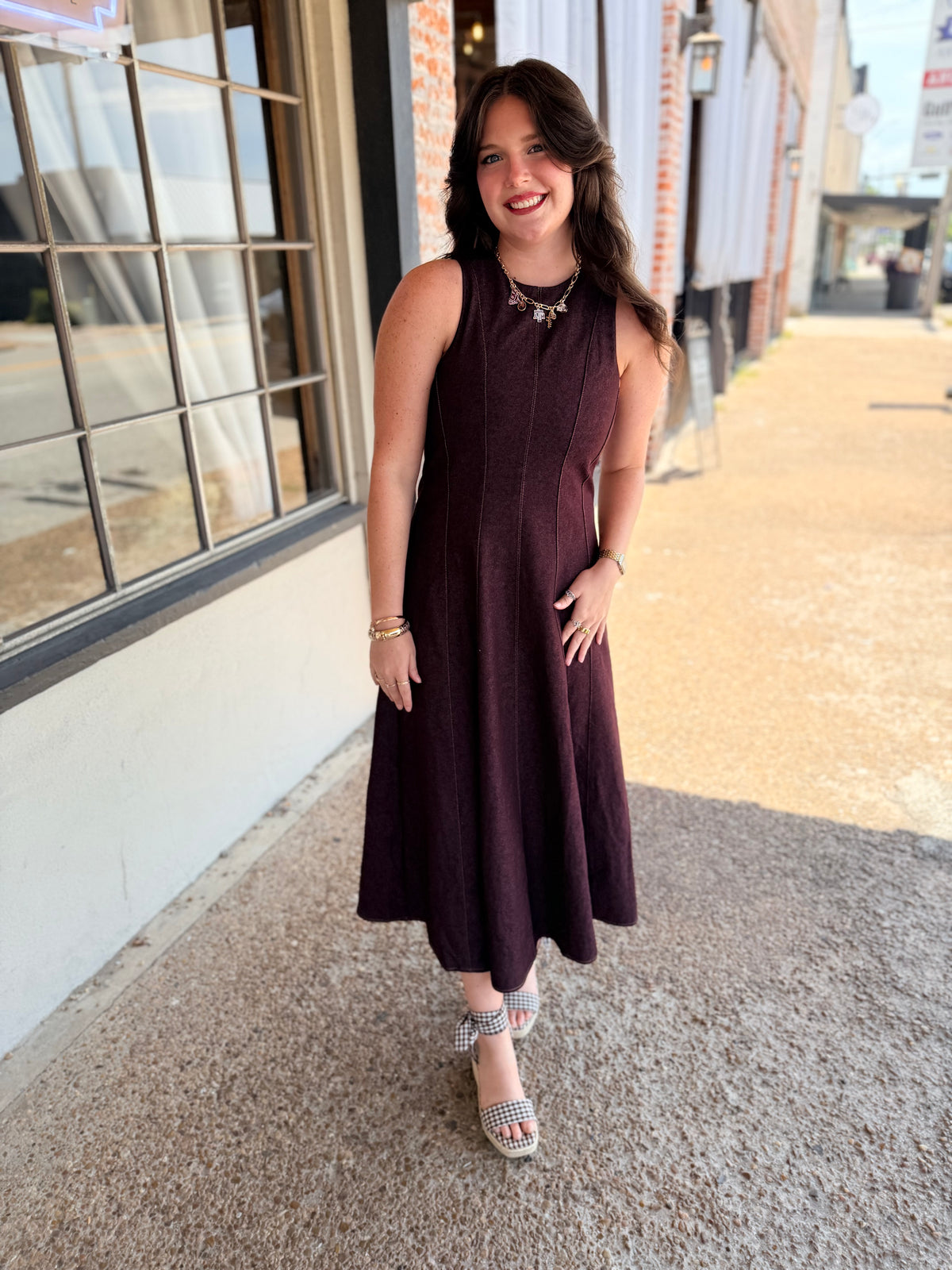 Burgundy Sleeveless A-Line Midi Dress