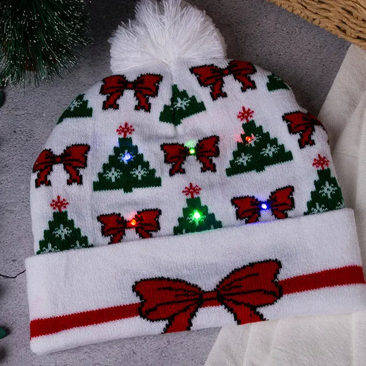 Bow and Tree Led Light Up Beanie with White Pom Pom - Brazos Avenue Market 