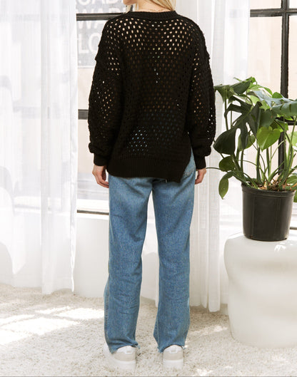 Hollow Out Crochet Loose Fit Pullover Sweater - Brazos Avenue Market 