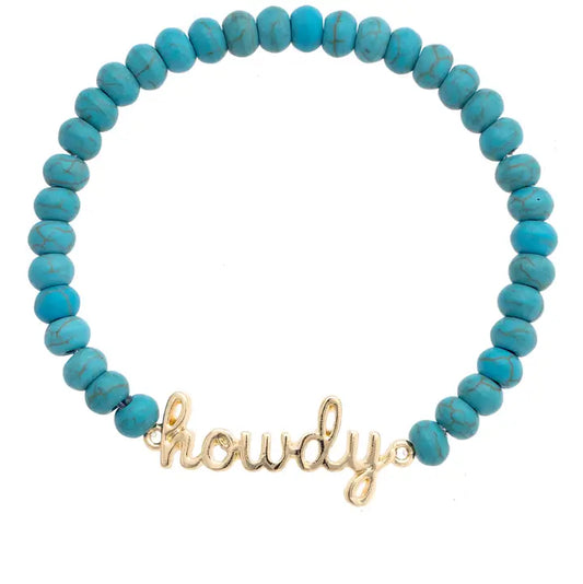 Howdy Cursive Beaded Stretch Bracelet in Turquoise - Brazos Avenue Market 