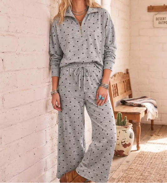 Polka Dot Half Zip Pullover & Wide Leg Pants Set