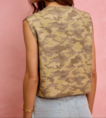 Camouflage Print Button Down Sweater Vest Top