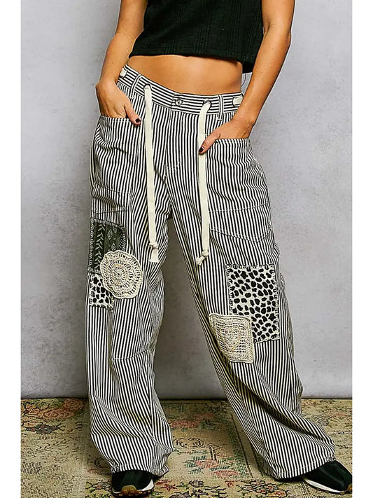 Twill Denim Patchwork Straight Pants