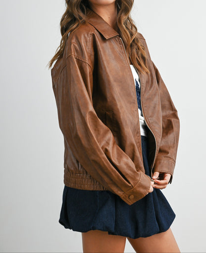 Collared Zip-front Leather Jacket