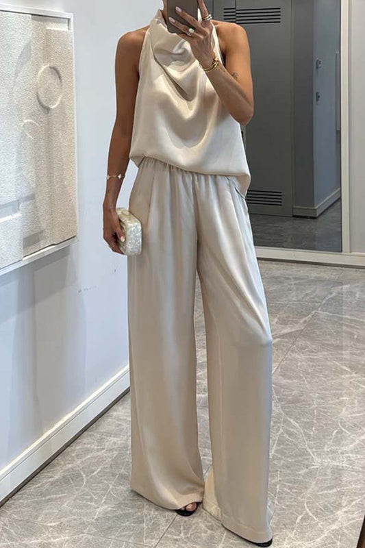 Satin Mock Neck Vest Straight Pants Set