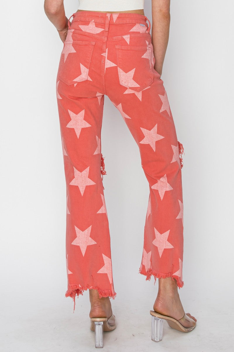 Coral Star Print Distressed Jeans - Brazos Avenue Market 