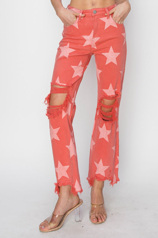 Coral Star Print Distressed Jeans