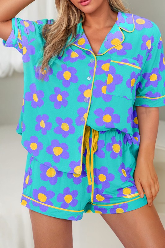 Flower Print Short Sleeve Shirt Pajamas Set - Brazos Avenue Market 