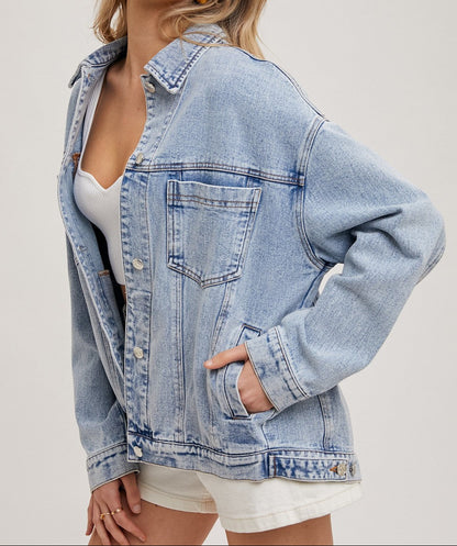 Denim Button Down Oversized Jacket - Brazos Avenue Market 