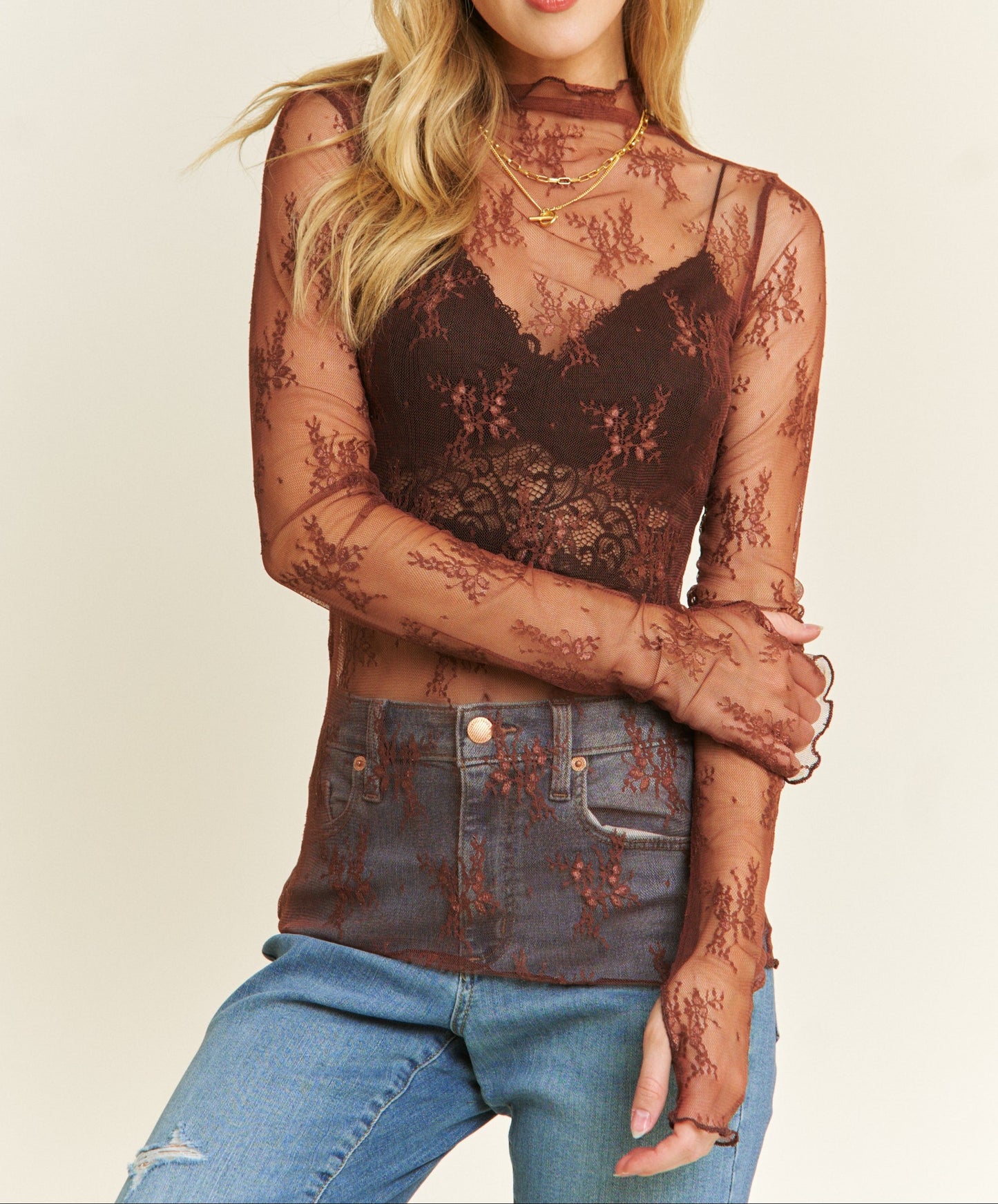 Mesh Lace High Neck Design Long Sleeve Fitted Top - Brazos Avenue Market 
