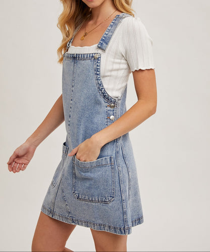 Denim Overall Mini Dress With Pockets - Brazos Avenue Market 