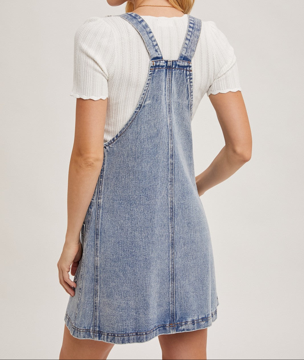 Denim Overall Mini Dress With Pockets - Brazos Avenue Market 