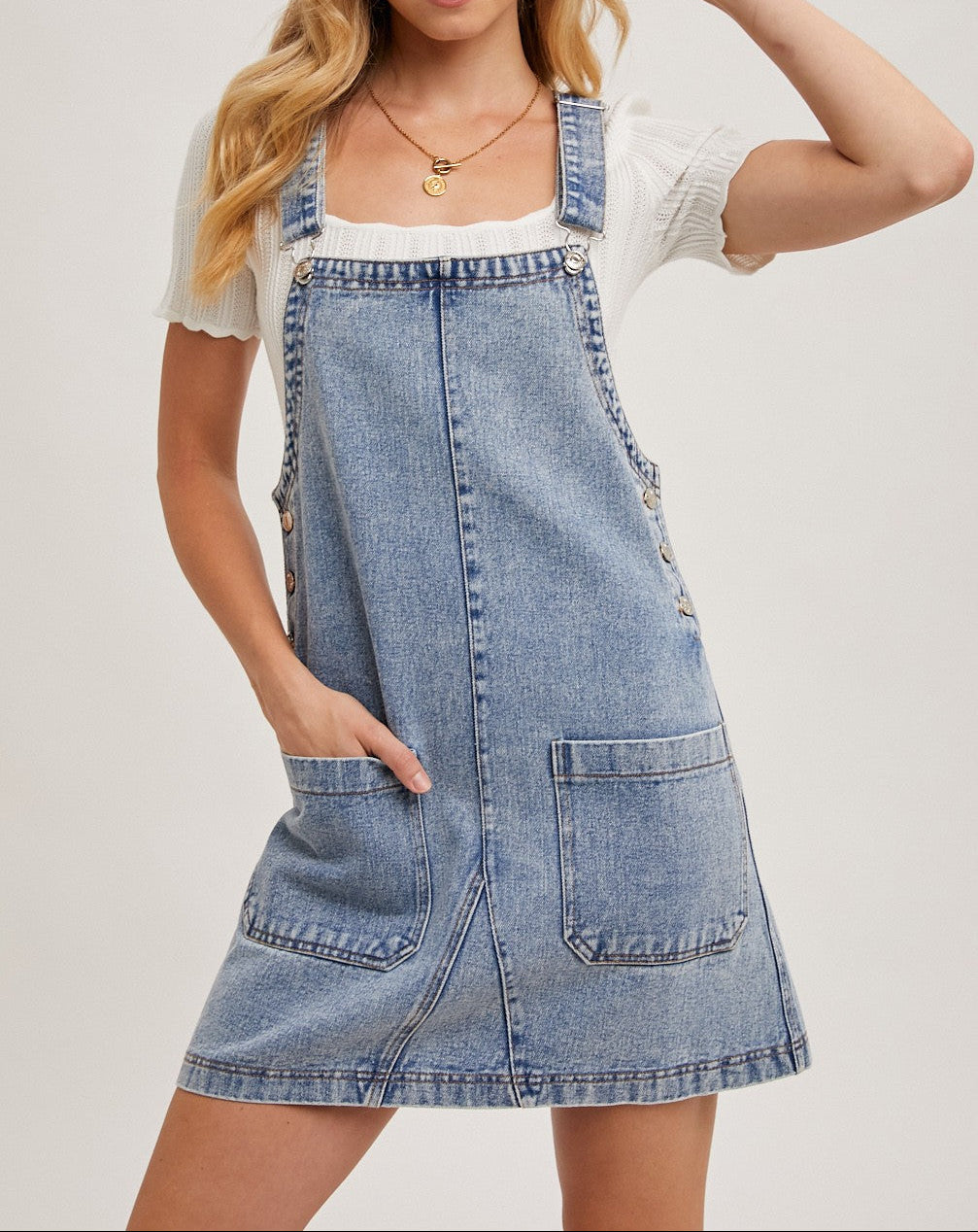 Denim Overall Mini Dress With Pockets - Brazos Avenue Market 