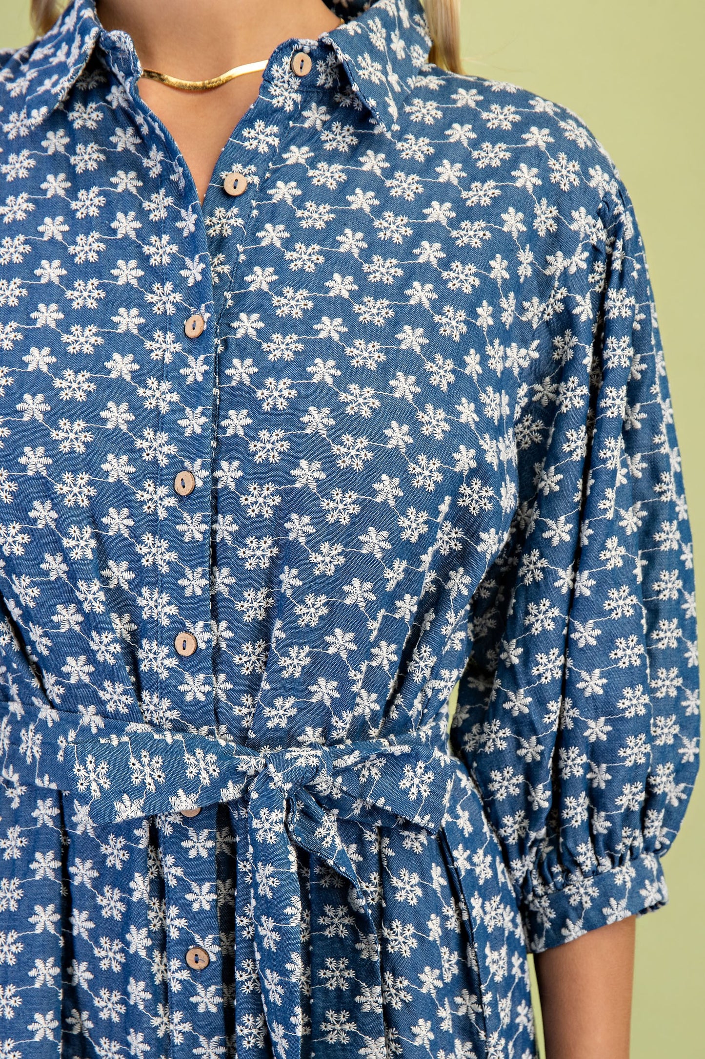 Floral Embroidery Denim Button Down Dress - Brazos Avenue Market 