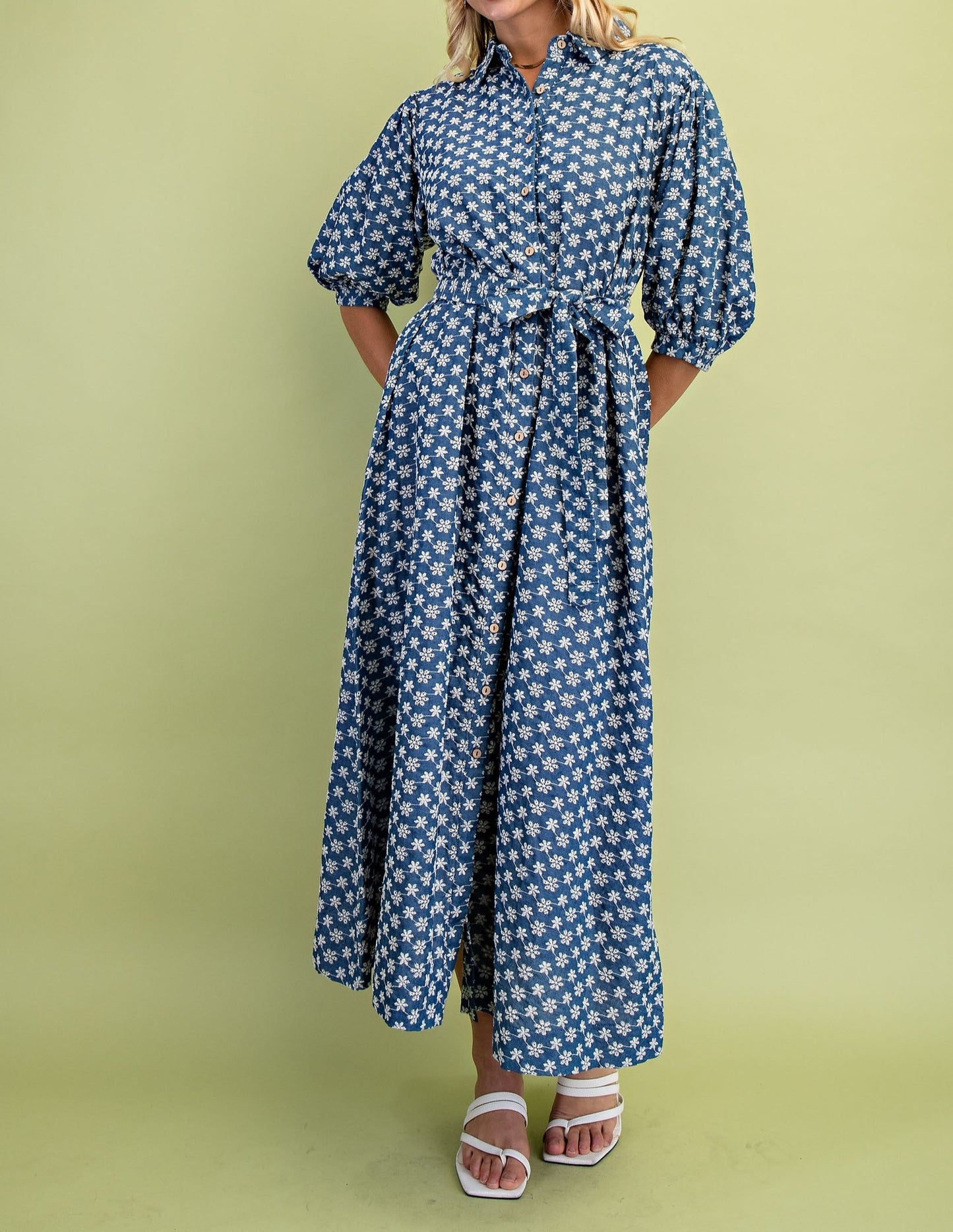 Floral Embroidery Denim Button Down Dress - Brazos Avenue Market 