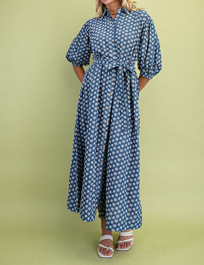 Floral Embroidery Denim Button Down Dress - Brazos Avenue Market 