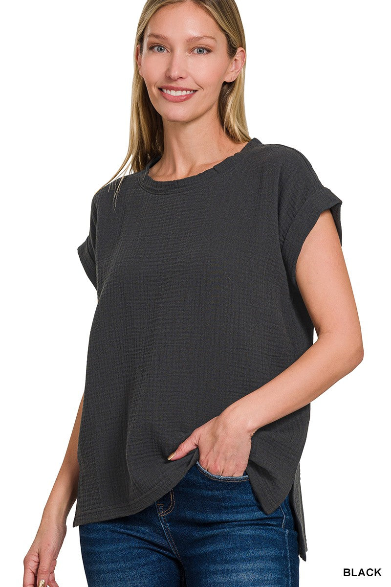 Round Neck Folded Sleeve Top - Brazos Avenue Market 