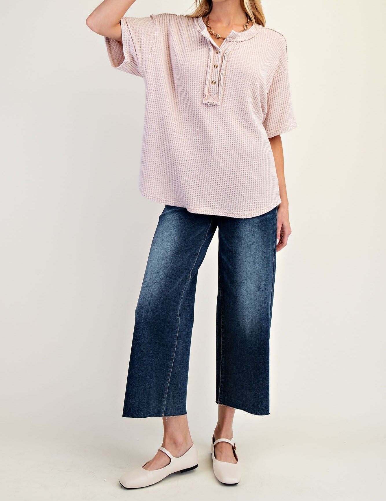 Thermal Knit Mineral Washed Top in V Rose - Brazos Avenue Market 