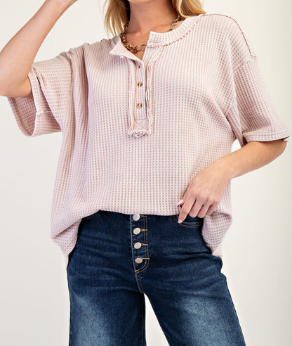 Thermal Knit Mineral Washed Top in V Rose - Brazos Avenue Market 