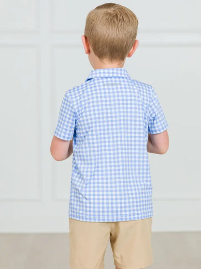 Boys Classic Periwinkle Blue Gingham Knit Short Sleeve Performance Polo - Brazos Avenue Market 