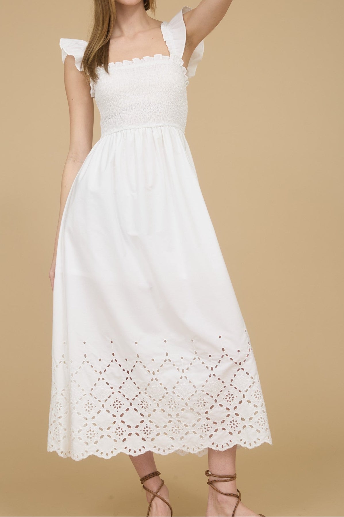 Smocked Ruffle Sleeve Eyelet Hem Midi Dress - Brazos Avenue Market 