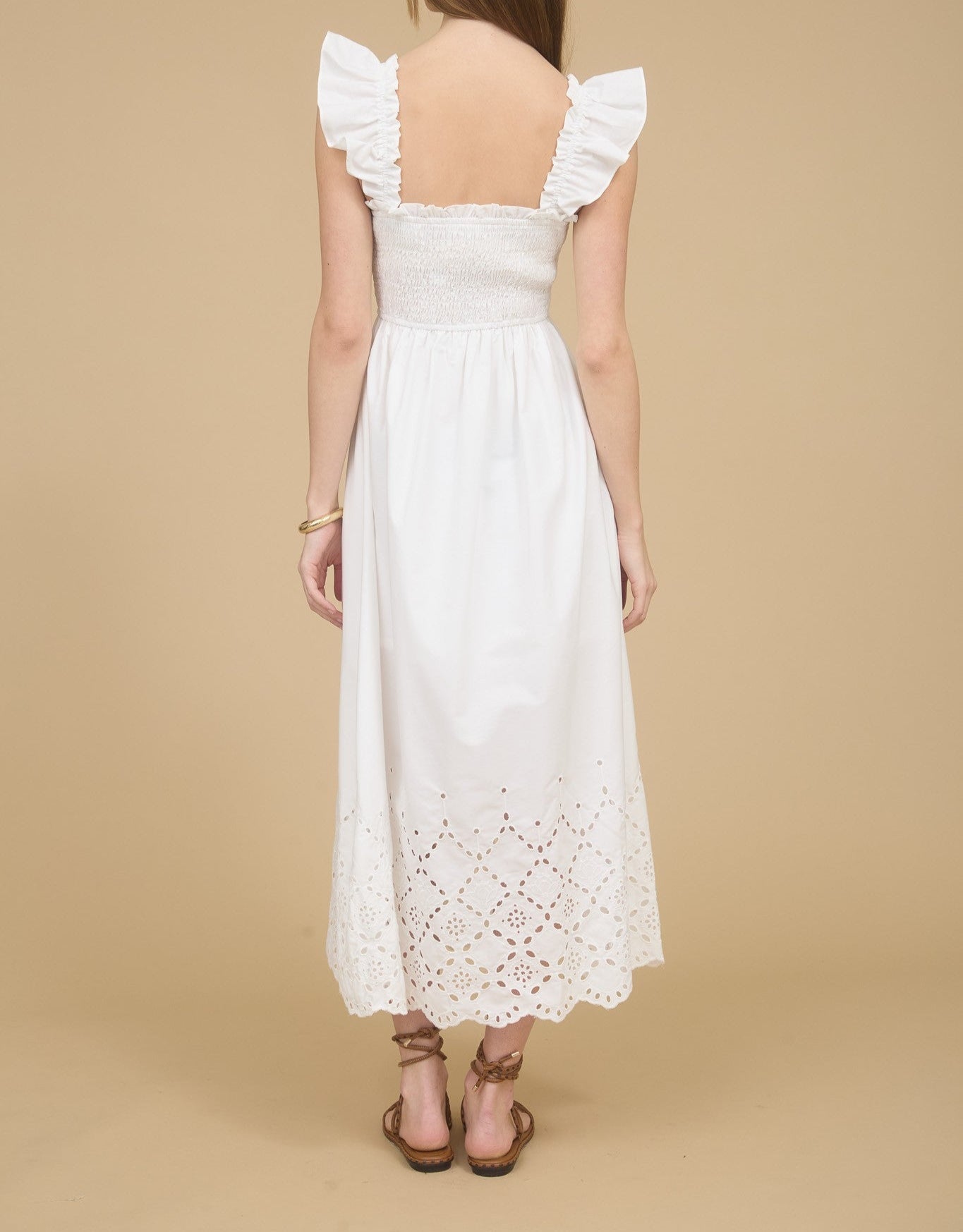 Smocked Ruffle Sleeve Eyelet Hem Midi Dress - Brazos Avenue Market 