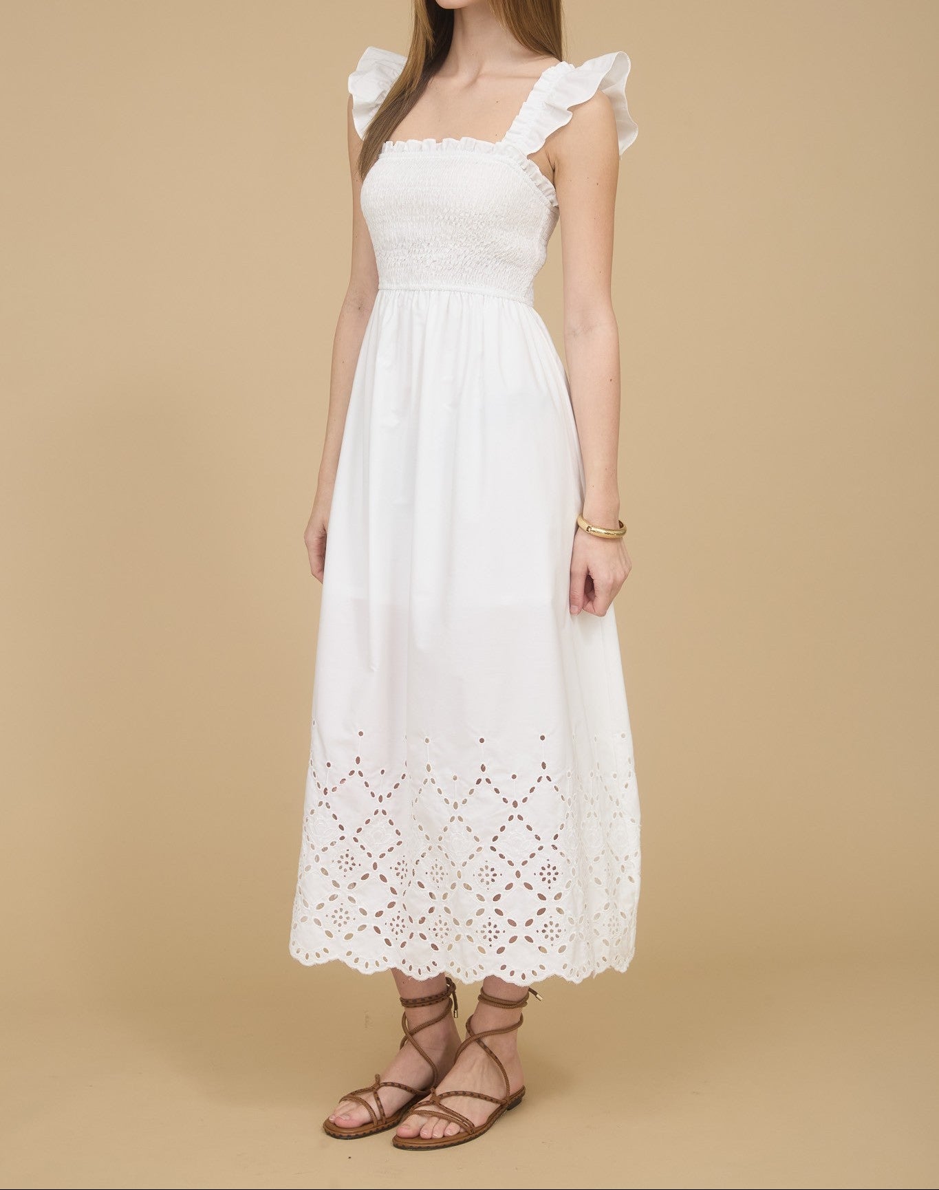 Smocked Ruffle Sleeve Eyelet Hem Midi Dress Smocked Ruffle Sleeve Eyelet Hem Midi Dress