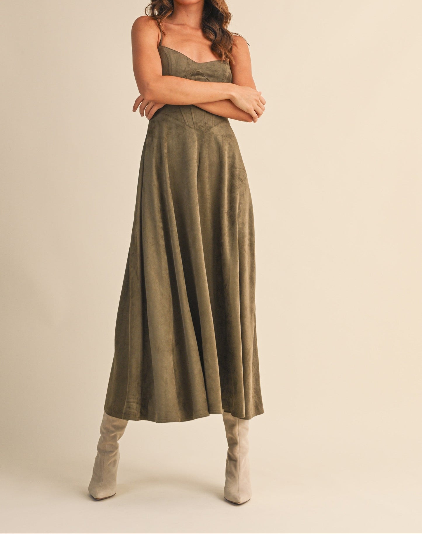 Suede Bustier Corset Flared Midi Dress