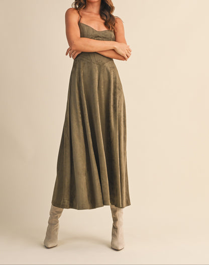 Suede Bustier Corset Flared Midi Dress