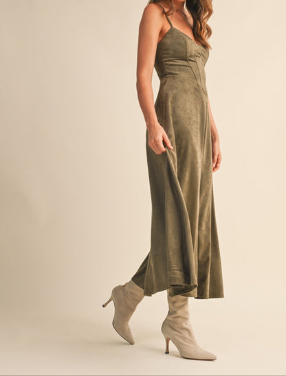 Suede Bustier Corset Flared Midi Dress