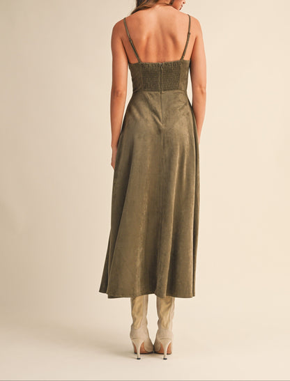 Suede Bustier Corset Flared Midi Dress