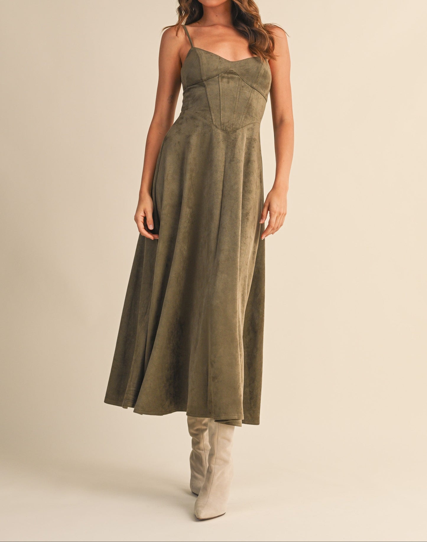Suede Bustier Corset Flared Midi Dress