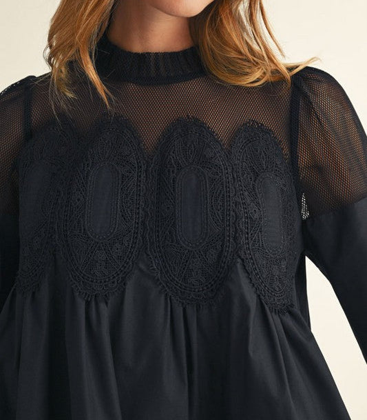 Crochet Lace Trim Accent Babydoll Dress