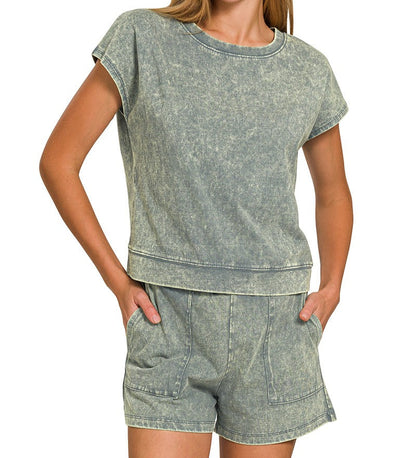 Washed Short Sleeve Top & Shorts Set - Brazos Avenue Market 