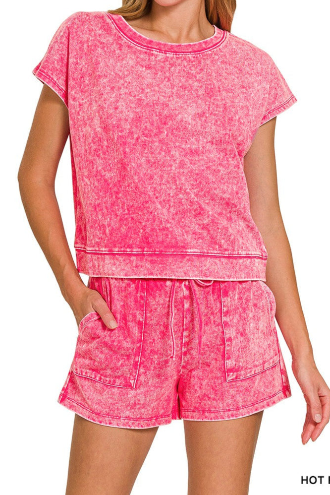 Washed Short Sleeve Top & Shorts Set - Brazos Avenue Market 