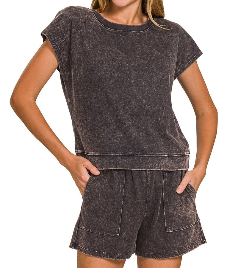 Washed Short Sleeve Top & Shorts Set - Brazos Avenue Market 