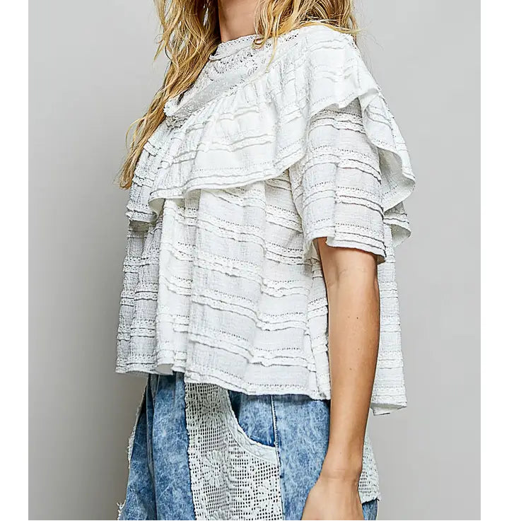 Short Sleeve Round Neck Lace Crochet Patch Ruffle Knit Top