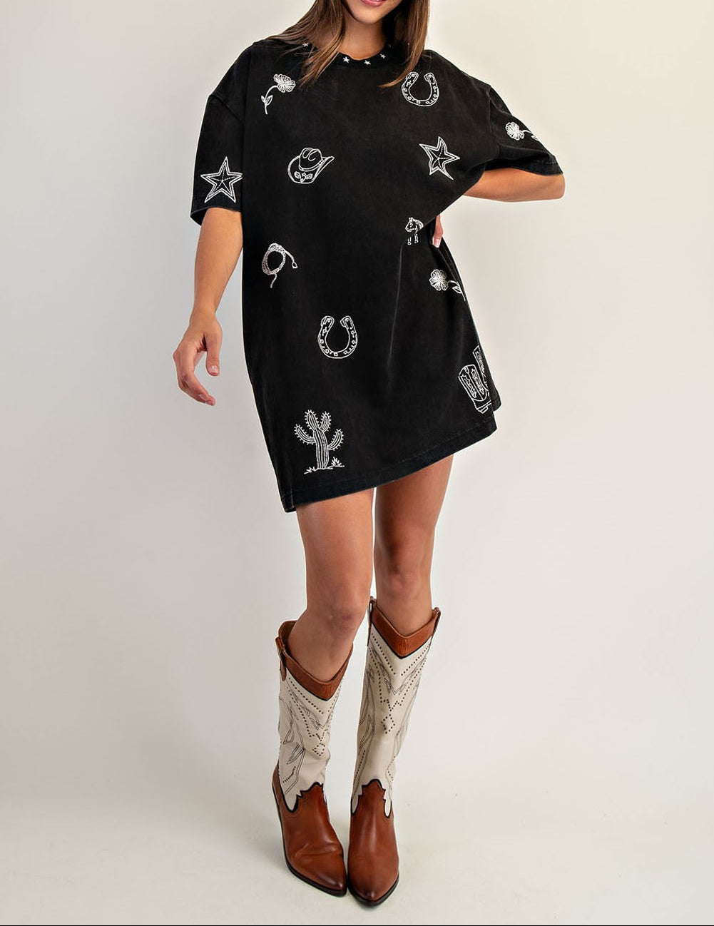 Snow Wash Western Inspired T-shirt Dress - Brazos Avenue Market 