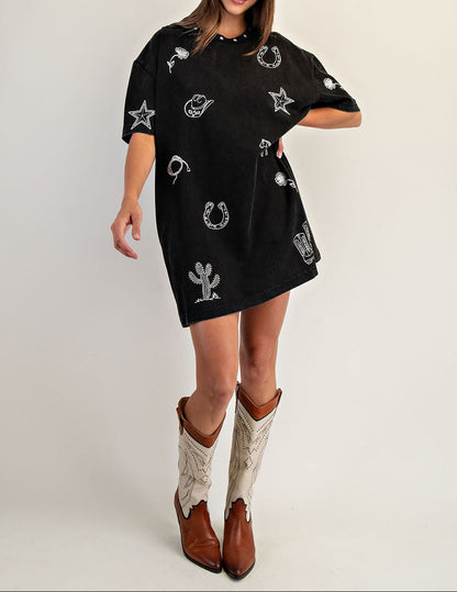 Snow Wash Western Inspired T-shirt Dress - Brazos Avenue Market 