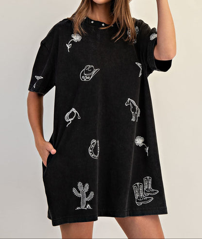 Snow Wash Western Inspired T-shirt Dress - Brazos Avenue Market 