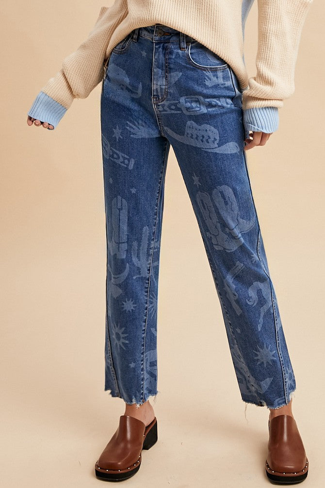 Western Print Straight Leg Jeans - Brazos Avenue Market 