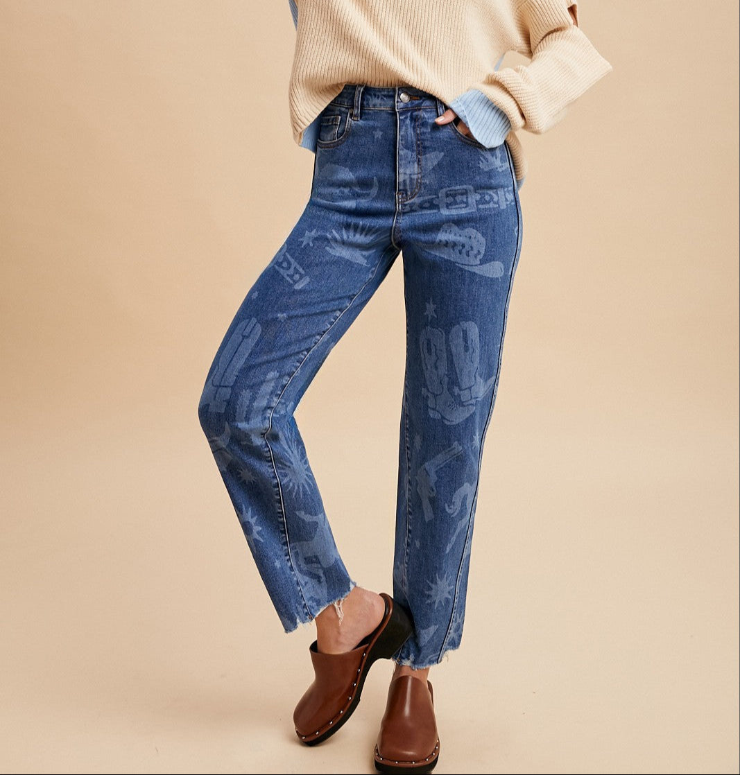 Western Print Straight Leg Jeans - Brazos Avenue Market 