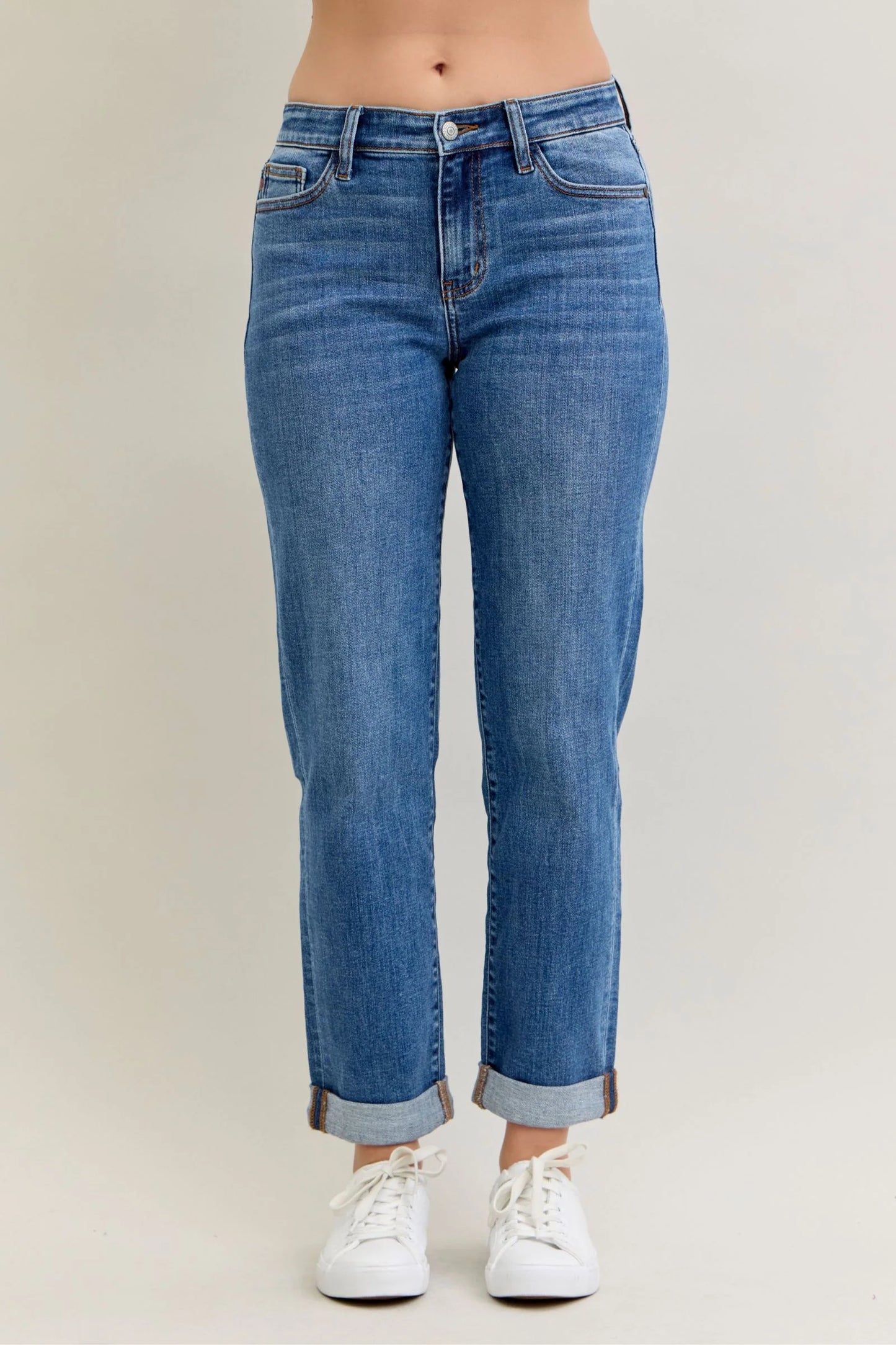 Judy Blue Mid Rise Classic Cuffed Boyfriend Denim Jeans - Brazos Avenue Market 