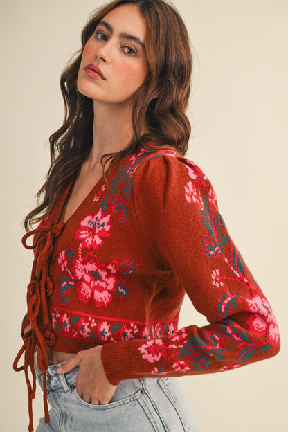 Floral Knit Tie-front Cropped Sweater Cardigan - Brazos Avenue Market 