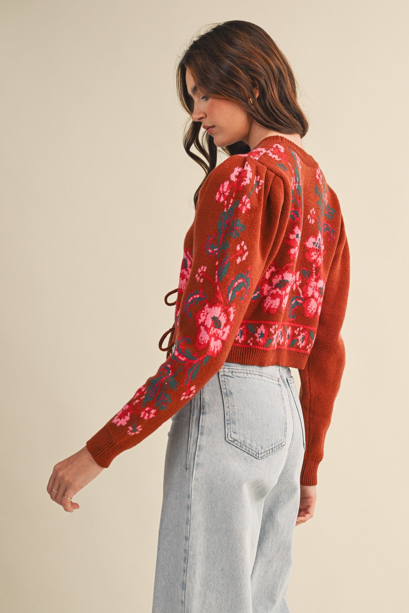 Floral Knit Tie-front Cropped Sweater Cardigan - Brazos Avenue Market 