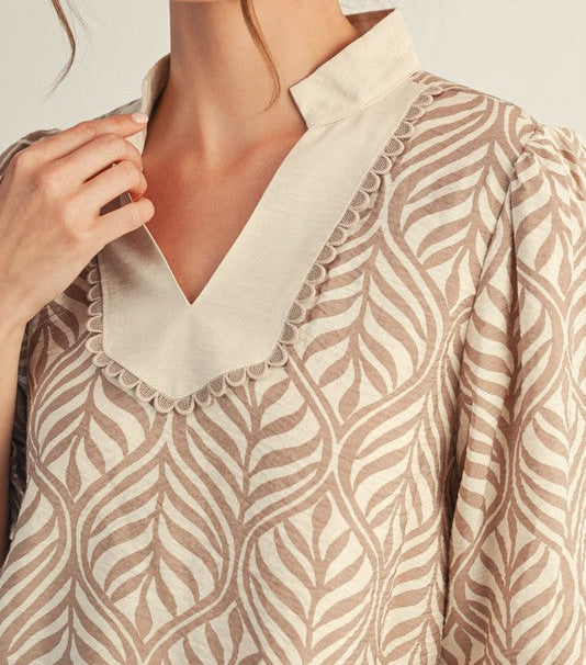 Standing Collared Neck Boho Leaf Print Top - Brazos Avenue Market 